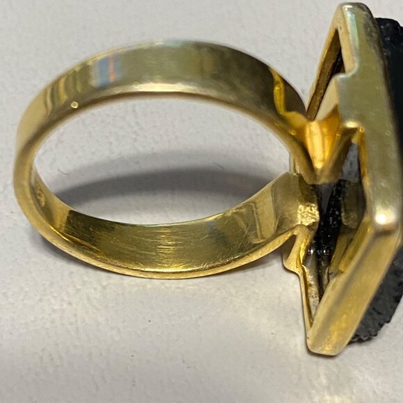 Ring Raw Possibly Obsidian Size 9 Rectangle Gold Over Sterling Silver 925 ISJ - Picture 12 of 14